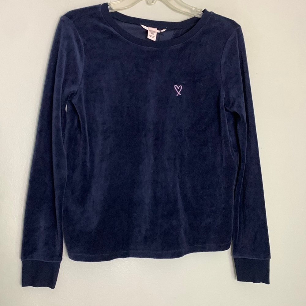 Victoria secret long sleeve navy velour pull over split back women xs sweater